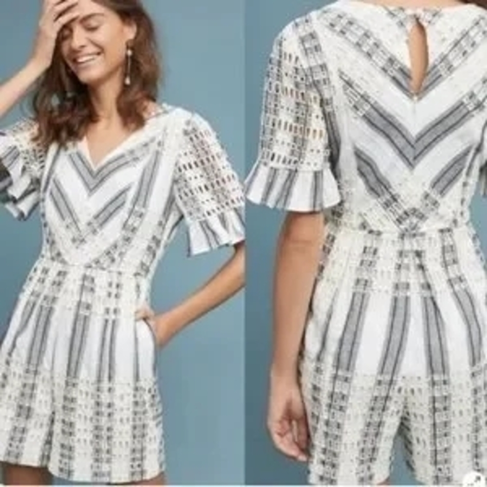 Women's White & Black Striped Lace Romper